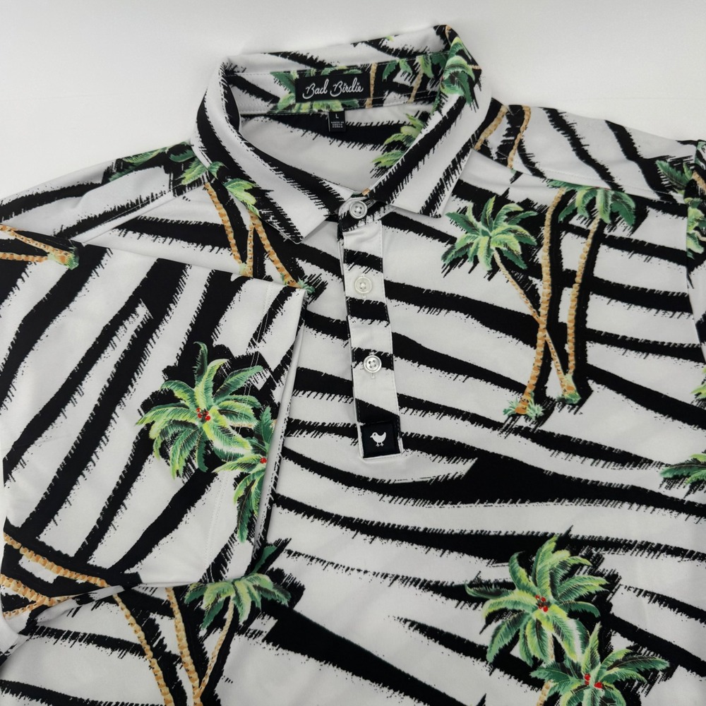 Bad Birdie Mens Large Tropical Palm Zebra Stripe Performance Golf Polo Shirt‎ L